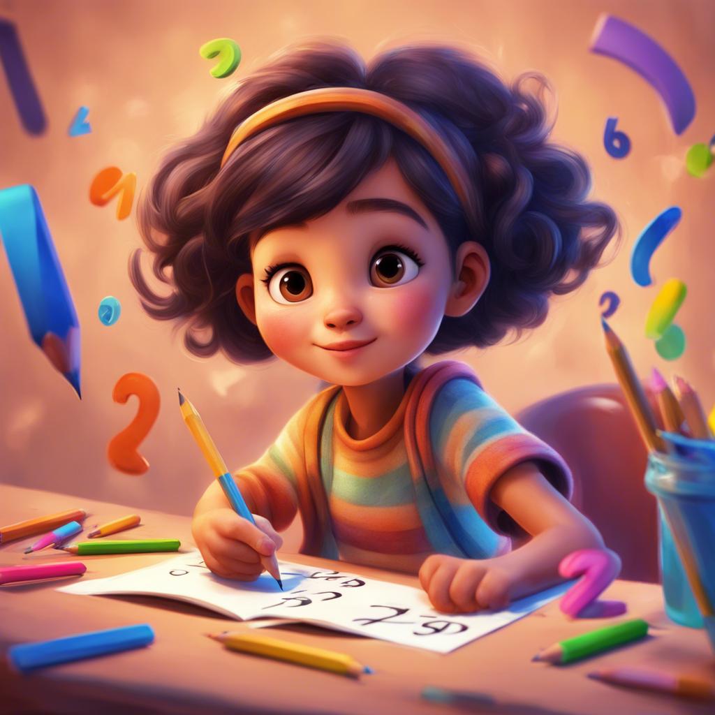 Mariam with a pencil in hand and a beautifully written number, floating numbers around her, illustrating the imagination, digital illustration, lively, colorful, child-friendly