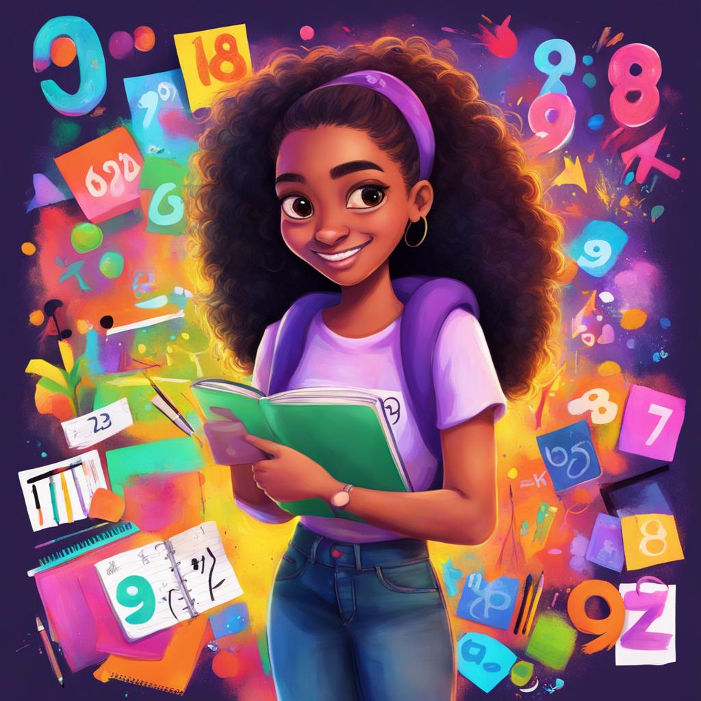 Mariam proudly showing off her number 987 in her notebook, colorful drawings around, playful light, inspiring creativity, vibrant colors, digital art, uplifting