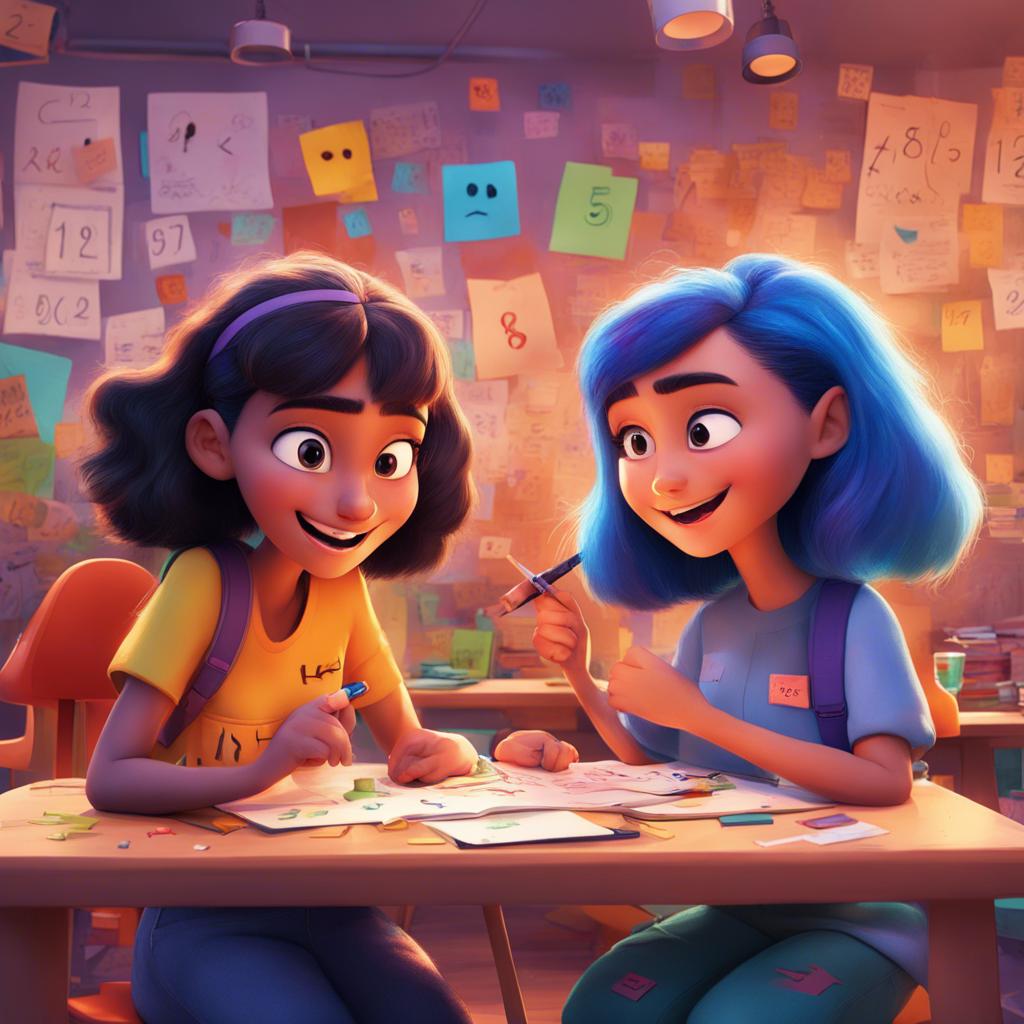 Mariam and her friend Leila sitting together, discussing numbers with excited expressions, surrounded by a lot of numbers and colorful sketches, playful atmosphere, bright and lively, high quality