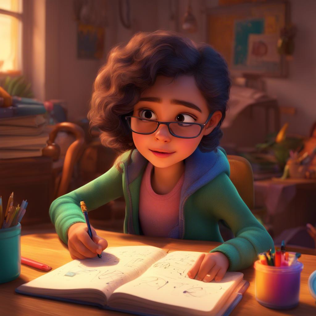 Leila curiously looking at the numbers that Mariam wrote in her notebook, bright eyes, friendly colors and warm light, digital art, joyful interaction, child-friendly