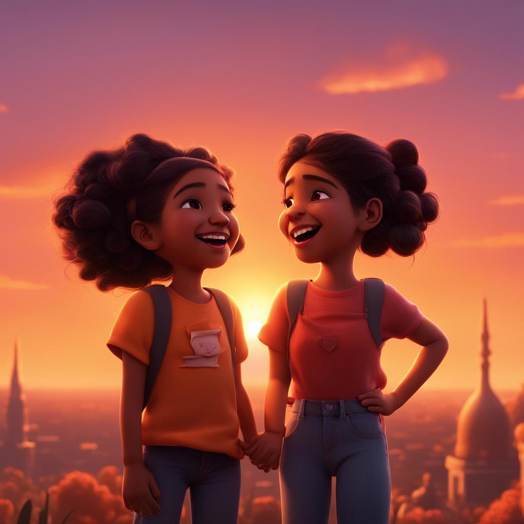 Mariam and Leila laughing together, a beautiful sunset in the background, illustrating friendship and creativity, warm colors, high quality, heartwarming scene