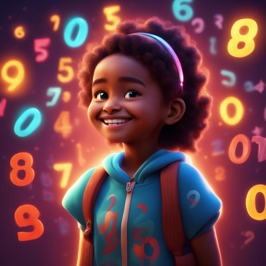 Mariam smiling, with a few glowing numbers behind her, symbolizing her achievements, rich colors, digital art, inspirational, child-friendly