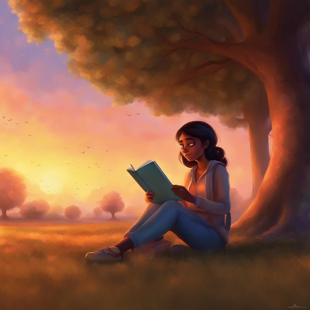 Mariam reflecting on her day, feeling accomplished and happy, sitting under a tree with her notebook, peaceful atmosphere, sunset colors, warm and inviting, digital painting