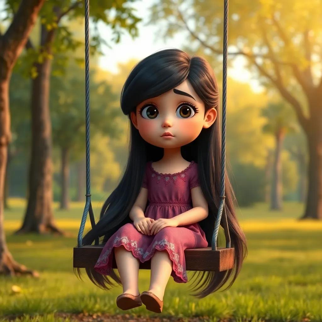 A young girl, Mariam, with long, dark hair, wearing a colorful dress, sitting on a swing in a park, with a sad expression, surrounded by trees and grass, digital art, soft colors, warm atmosphere, heartwarming