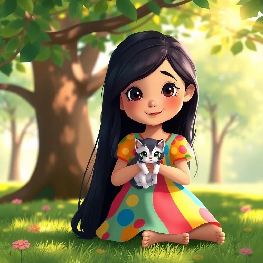 A young girl, Mariam, with long, dark hair in a colorful dress, holding a small kitten close to her heart, sitting under a tree with sunlight filtering through the leaves, illustration, cheerful and bright, child-friendly