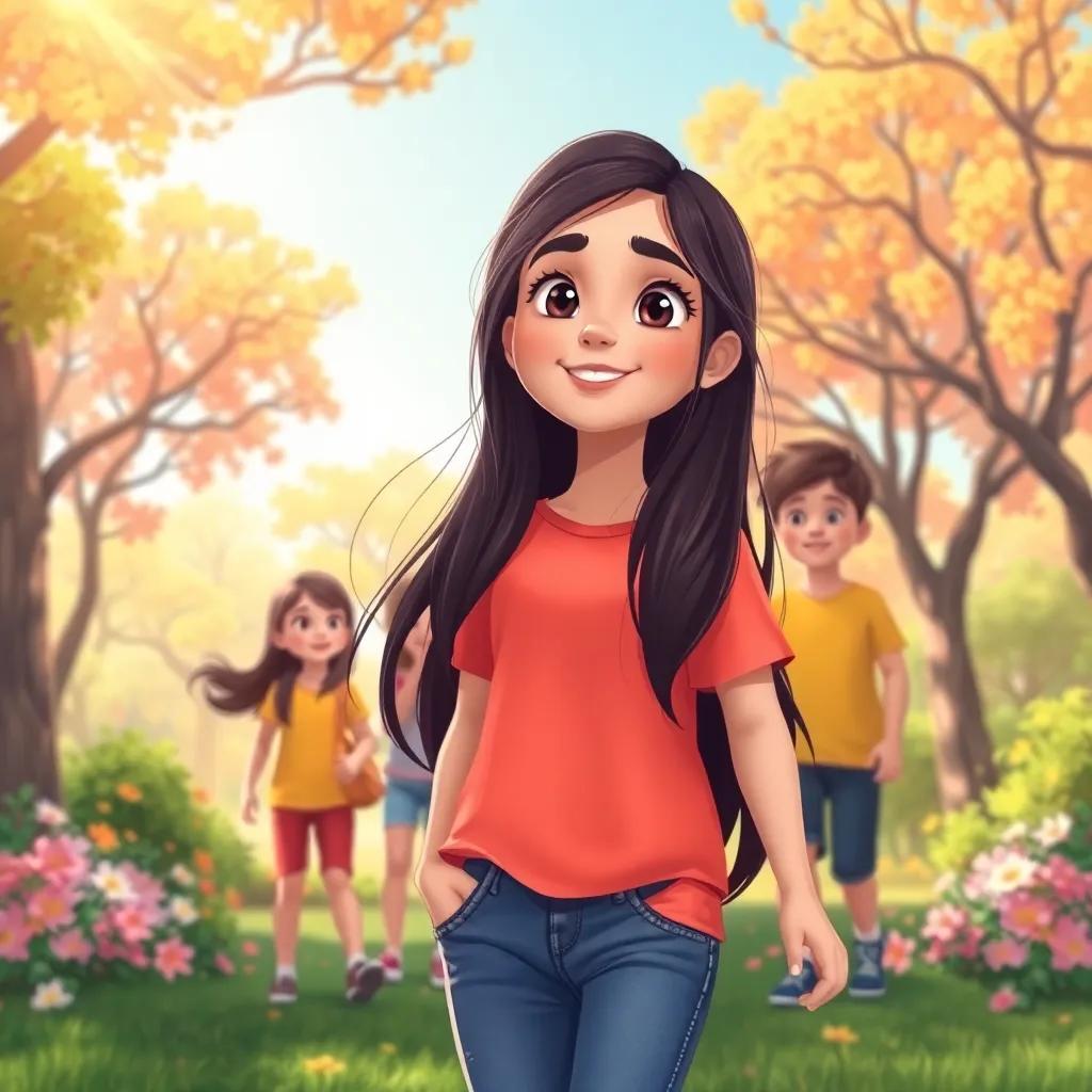 A young Arab girl, Mariam, with long, dark hair, wearing a bright t-shirt and jeans, playing with her friends in a sunlit park filled with trees and flowers, illustration, vibrant colors, cheerful atmosphere, high quality