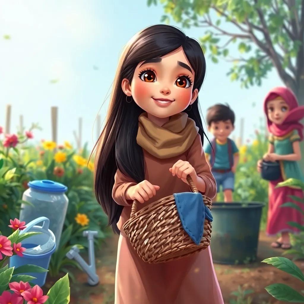 A young Arab girl, Mariam, with long, dark hair, wearing comfortable clothes and holding a basket, picking up trash in a garden with her friends, showing determination and happiness, digital painting, colorful, inspiring scene, high quality