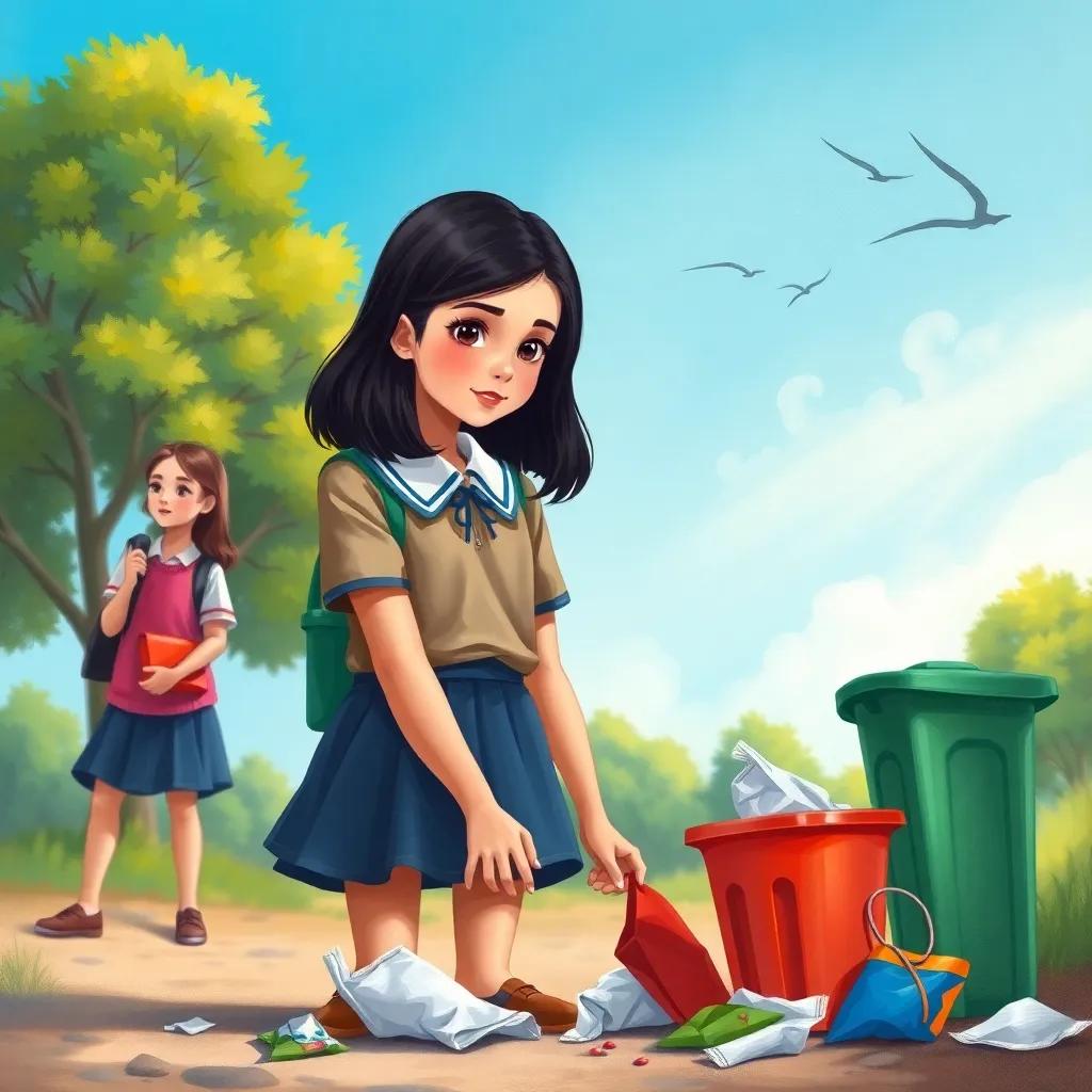 Marium, a young Arab girl with shoulder-length dark hair in a school uniform, collecting litter from the ground and showing her friends the proper waste bin, a clear blue sky and green trees in the background, illustration, focused and determined expression, vibrant colors