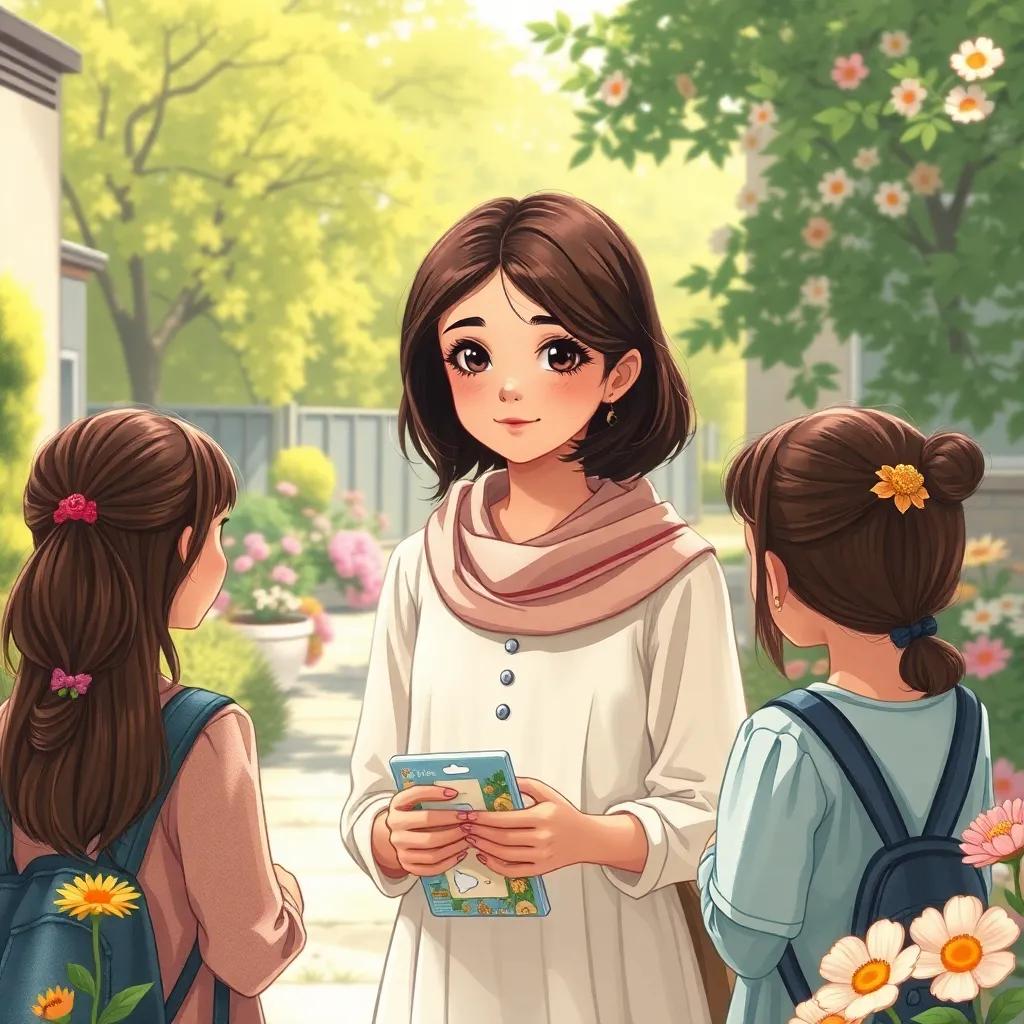 Marium, a young Arab girl with shoulder-length dark hair, explaining to her friends about the consequences of littering, thoughtful and caring demeanor, in the schoolyard, bright sunlight, colorful flowers around, illustration