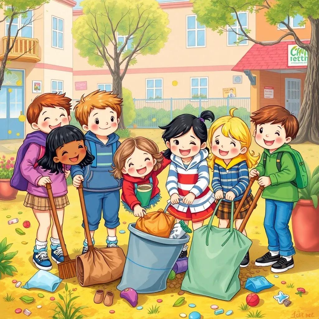 A group of children, including Marium, happily picking up trash together, teamwork and fun, playful expressions, colorful schoolyard filled with fun elements, bright colors, cheerful mood, illustration