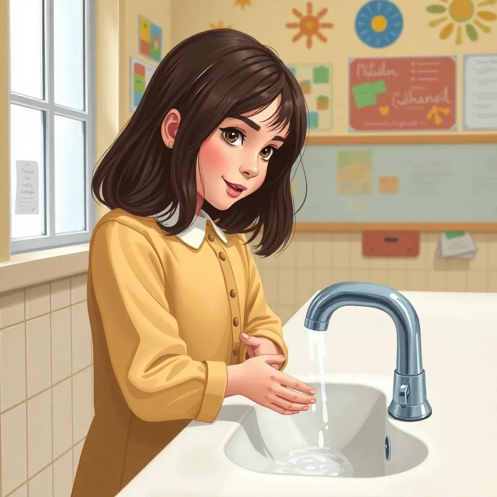Marium, a young Arab girl with shoulder-length dark hair, washing her hands at the school sink, firmly turning off the tap with a responsible expression, bright school environment with friendly decor, illustration, clean and tidy setting