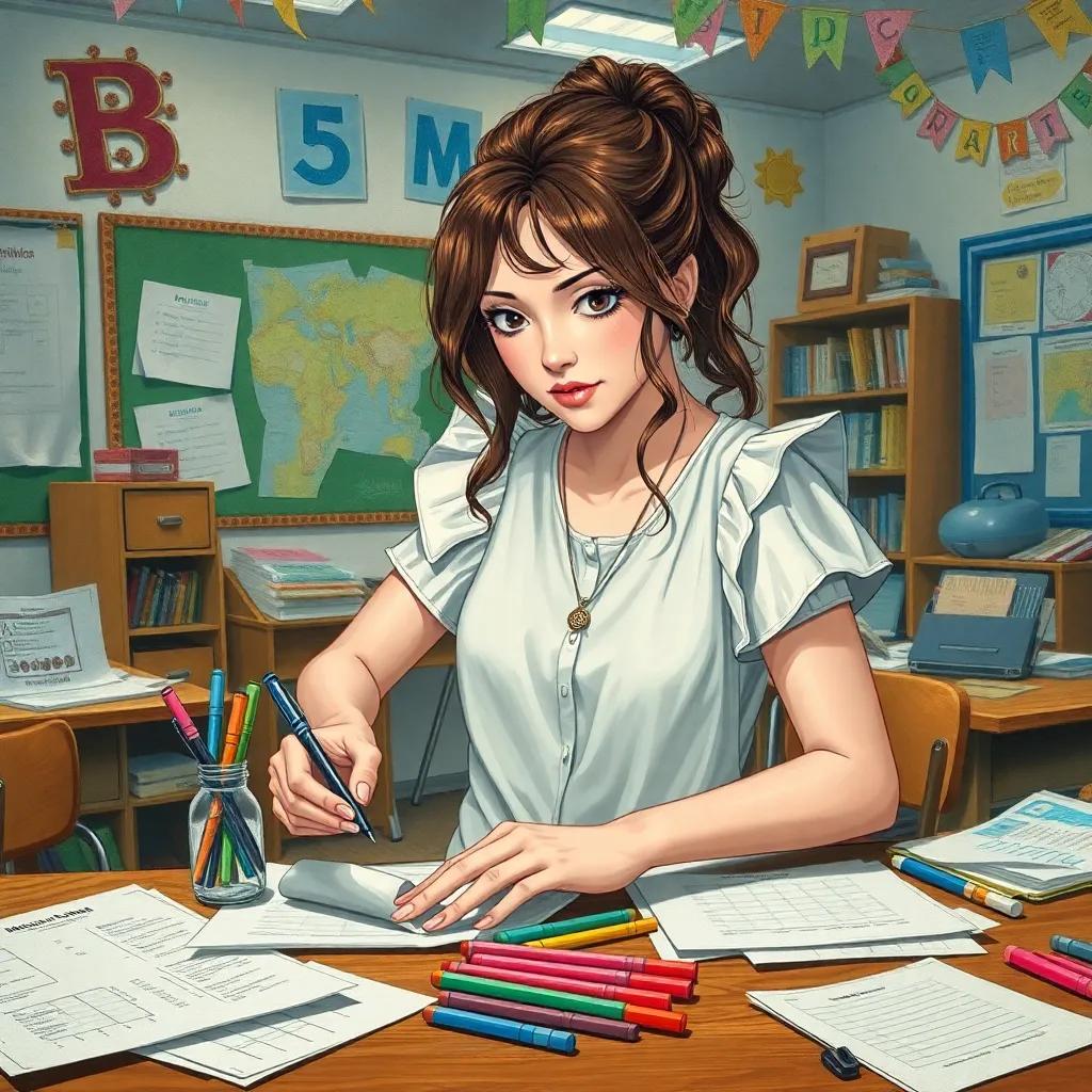 Marium cleaning her desk, with determination in her expression, papers and markers scattered around, in a classroom setting with colorful decorations and learning materials, bright lights, illustration