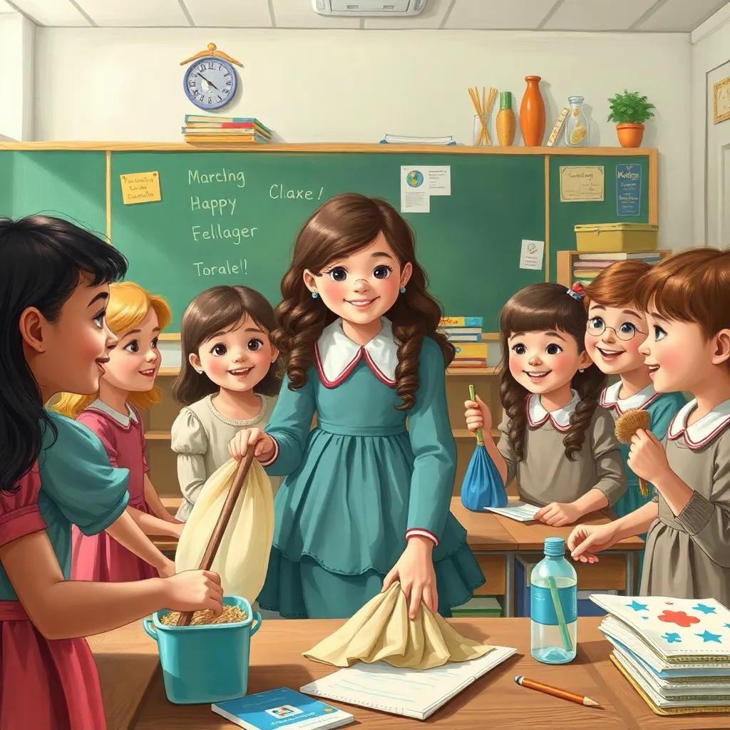 Marium leading her classmates in cleaning the classroom together, teamwork in action, happy and engaged expressions, colorful classroom filled with educational material, cheerful atmosphere, illustration