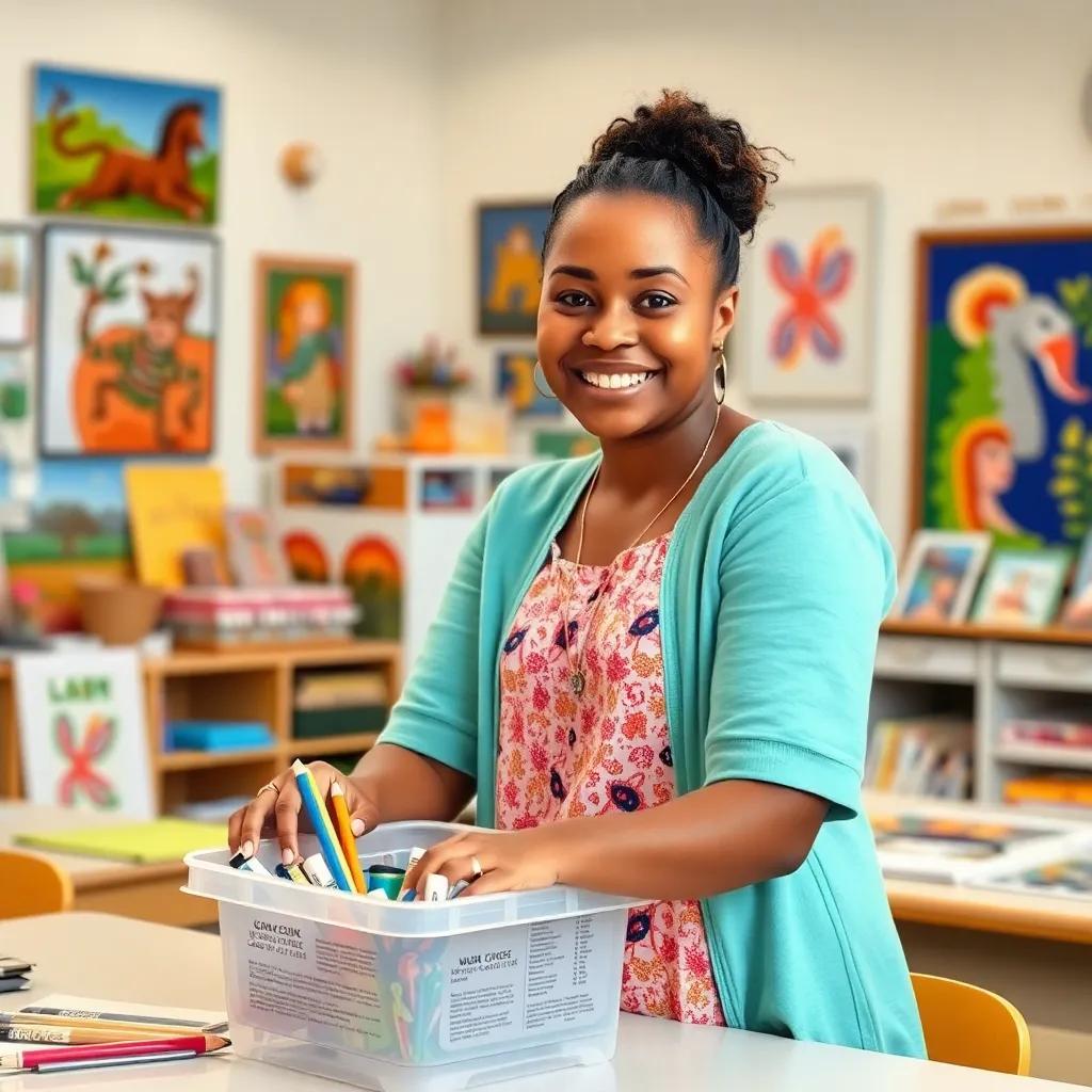 Marium helping her teacher organize the classroom at the end of the day, smiling and eager to help, bright classroom filled with colorful art, warm lighting, illustration