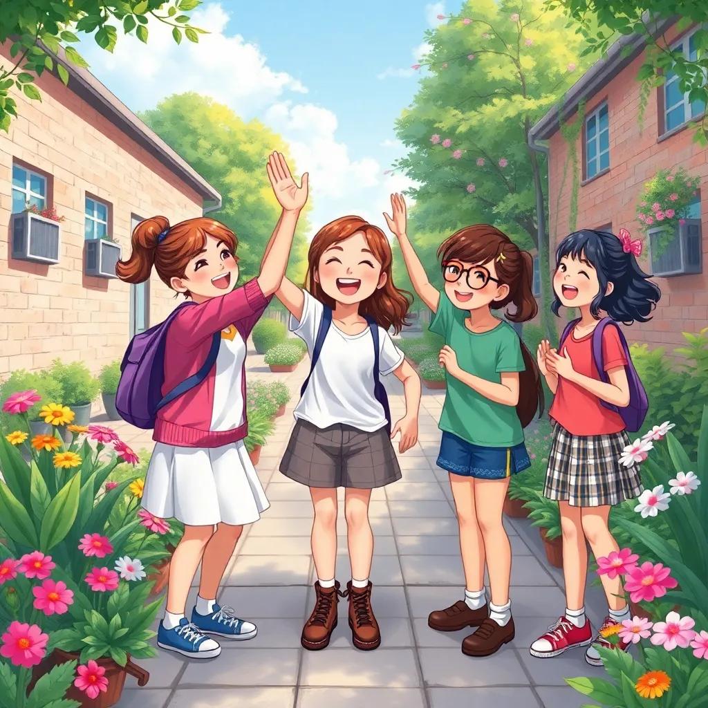 Marium and her friends rejoicing together in the cleaned schoolyard, joyful expressions with smiles and high-fives, colorful plants and flowers surrounding them, bright and cheerful environment, illustration
