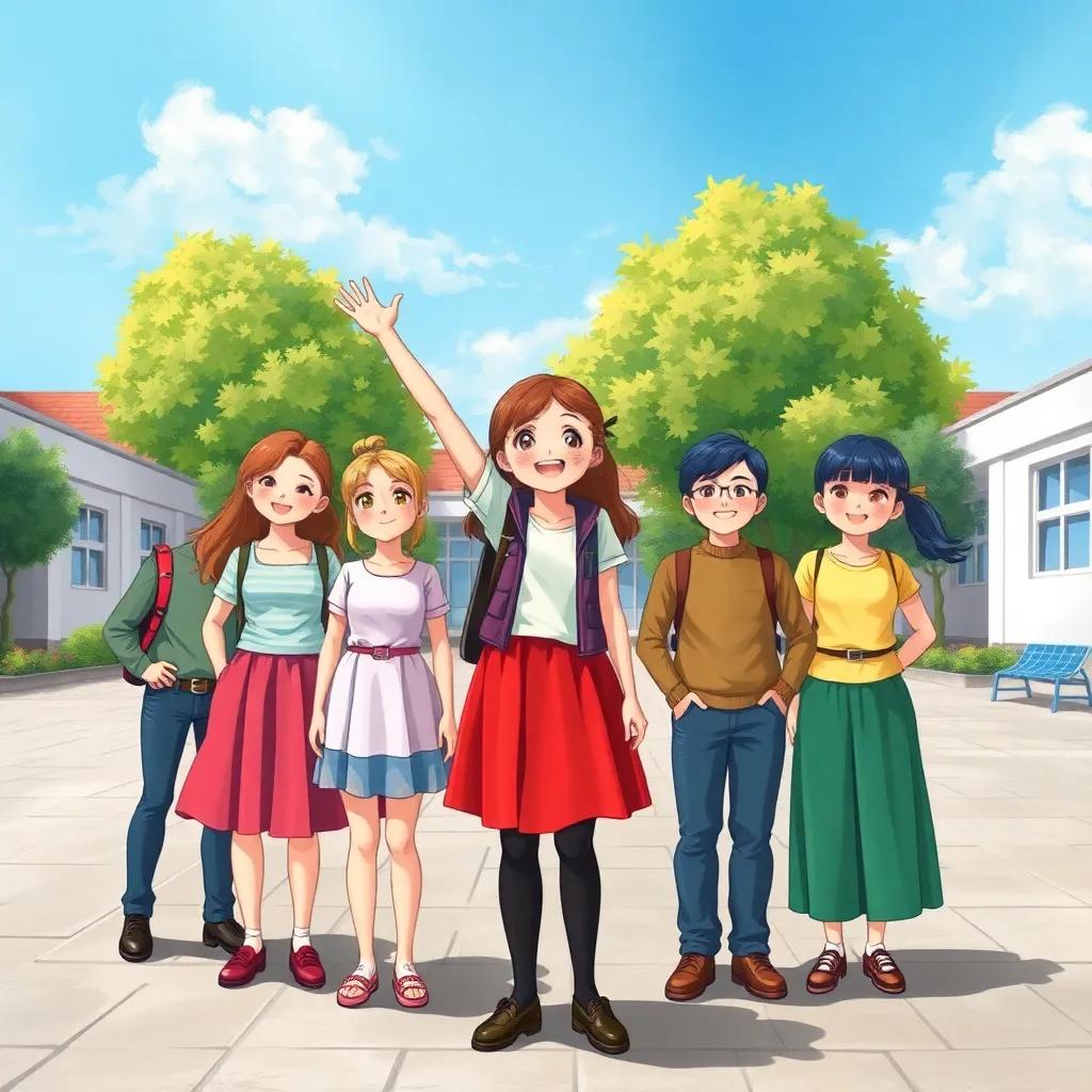 Marium, standing proudly with her friends in the clean schoolyard, feeling accomplished and happy, bright blue sky and green trees in the background, cheerful setting, illustration