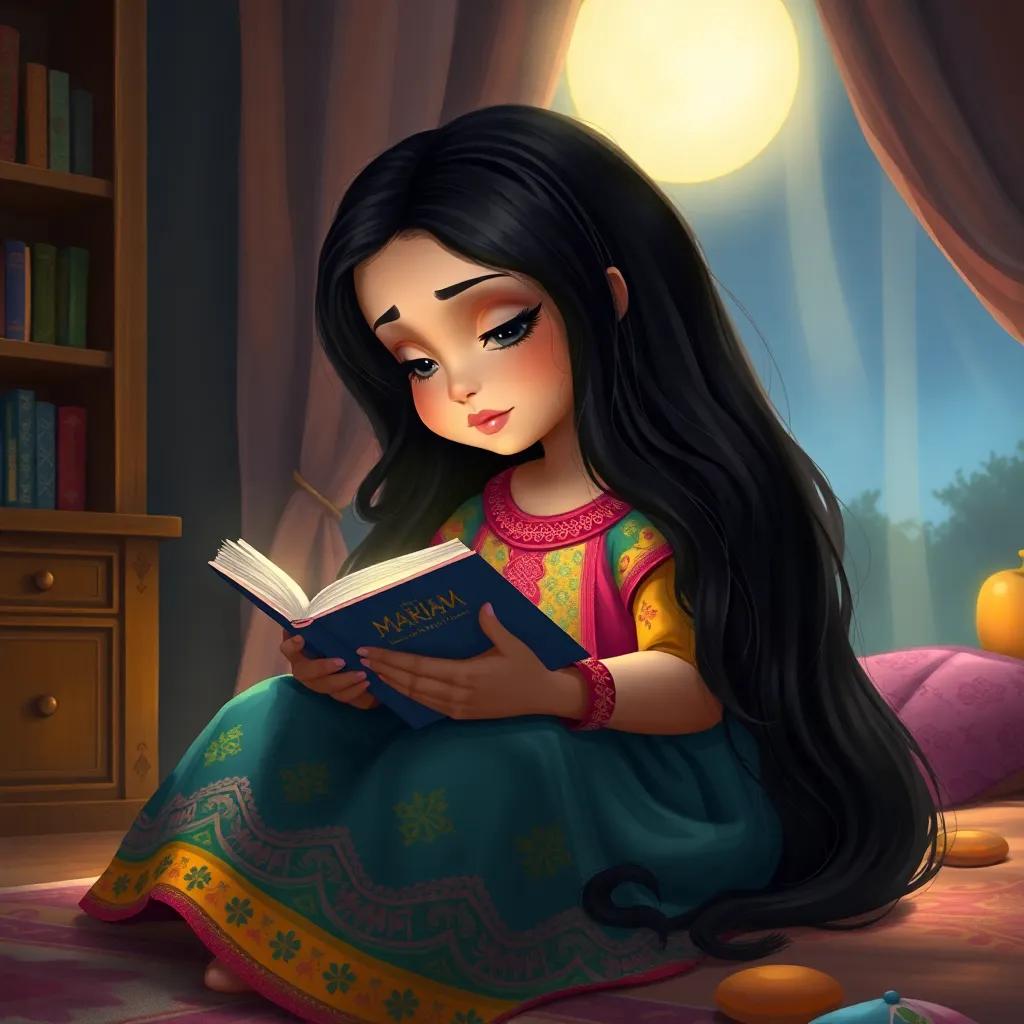 A small girl, Mariam, with long black hair wearing a colorful traditional dress, sitting in her room reading a book under moonlight, digital art, soft light, cozy atmosphere, warm colors, inviting scene, high quality