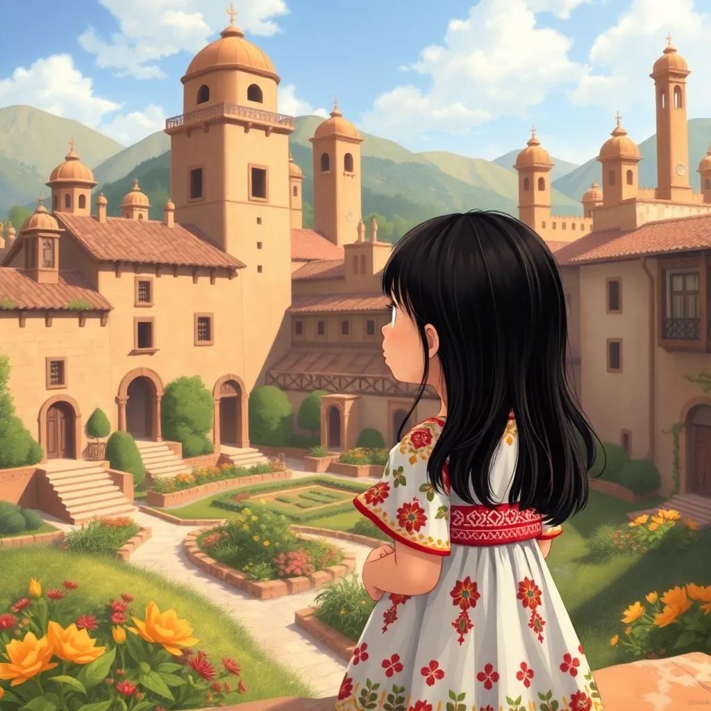 Mariam, a small girl with long black hair in a colorful traditional dress, marveling at old brown houses with geometric patterns, surrounded by beautiful gardens and an ancient village, illustration, bright light, enchanting, wonderful perspective, child-friendly, high-quality
