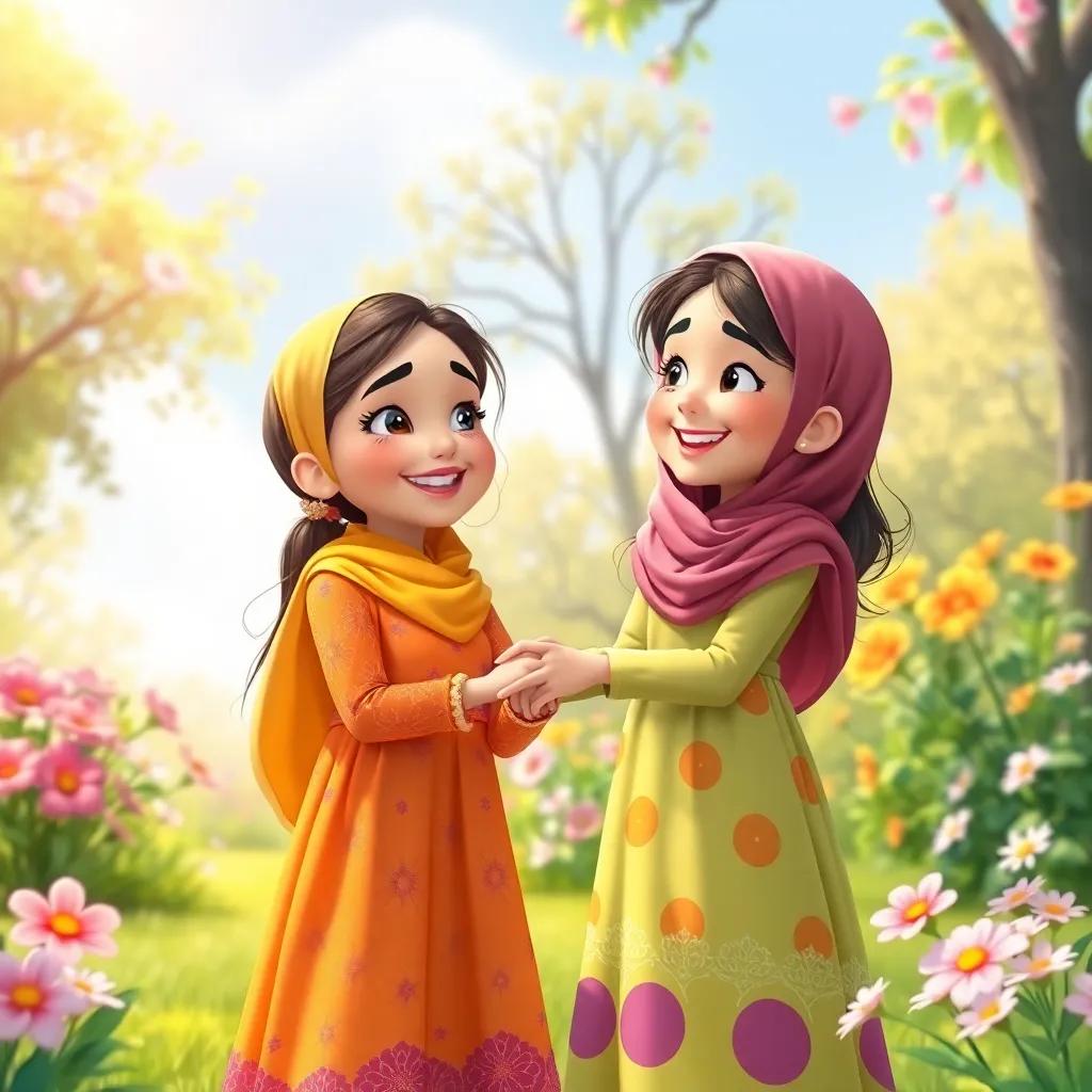 A happy scene in a sunny park with two young girls, Mariam and Fatima, greeting each other, wearing colorful dresses, smiling, with flowers around them, vibrant colors, cheerful atmosphere, digital art