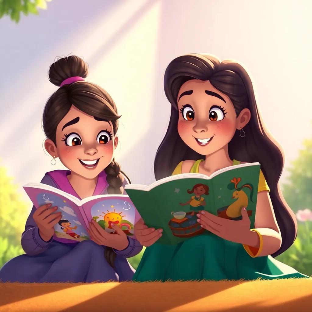 A close-up of Mariam explaining about two magical books, both girls excited, books illustrated with bright colors, sunlight shining down, friendly and warm, illustration
