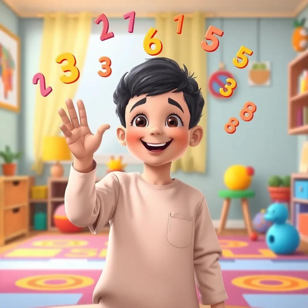 A young Arab boy, مزدهر, joyfully playing with numbers in a colorful room, using his fingers to draw numbers in the air, surrounded by cheerful educational illustrations, bright children's art style, lively, engaging, high quality