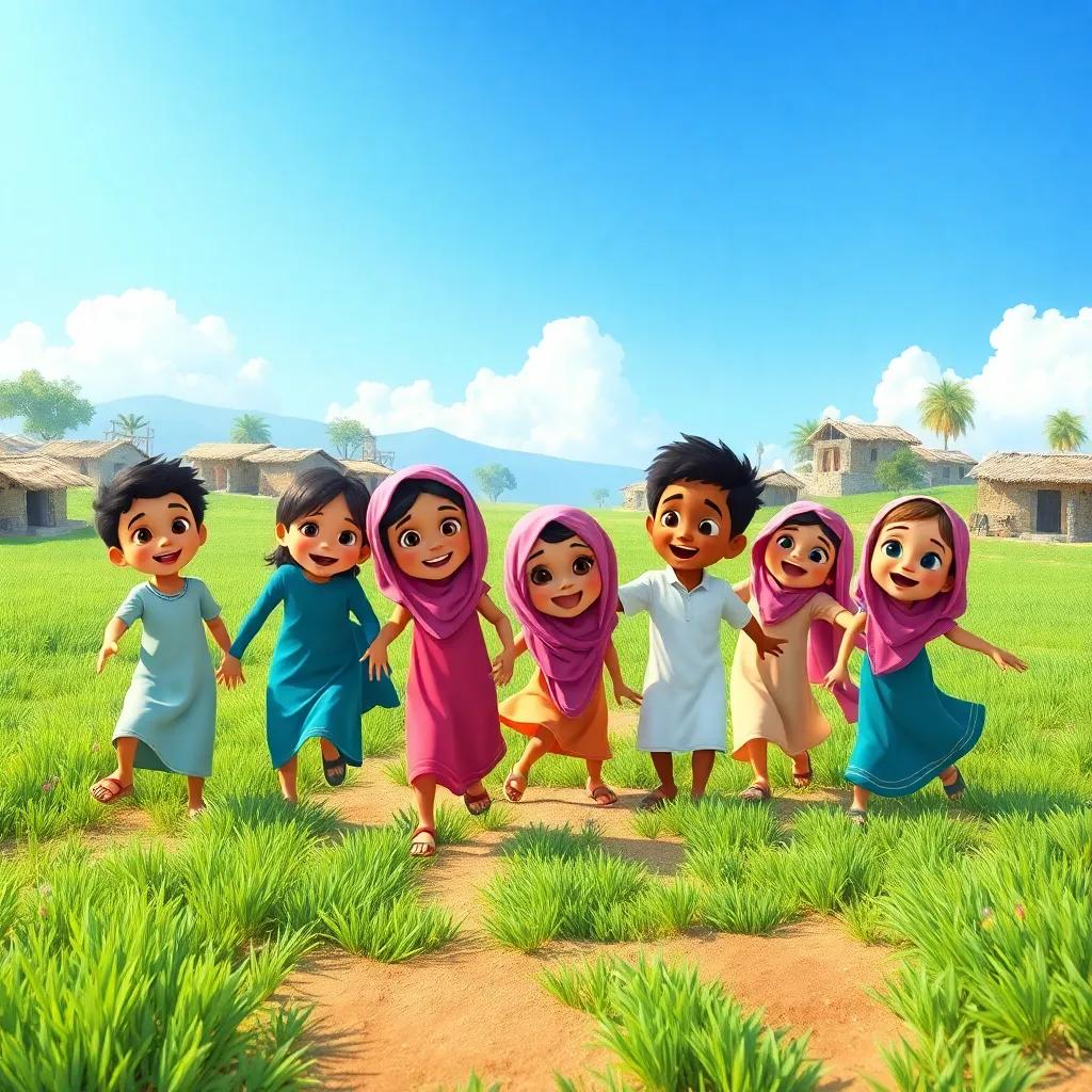 A group of happy Arab children playing in a village, with green fields and a bright blue sky, digital art, vibrant colors, cheerful atmosphere, high quality