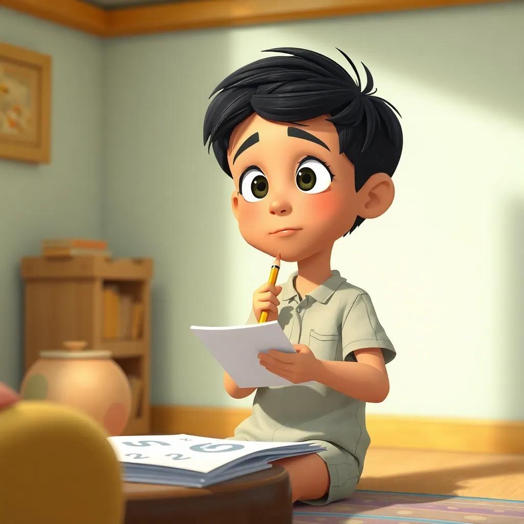 A young Arab boy, Ali, with short black hair, wearing a simple shirt and shorts, thinking hard about numbers with a pencil and paper, digital art, whimsical and bright, cozy setting