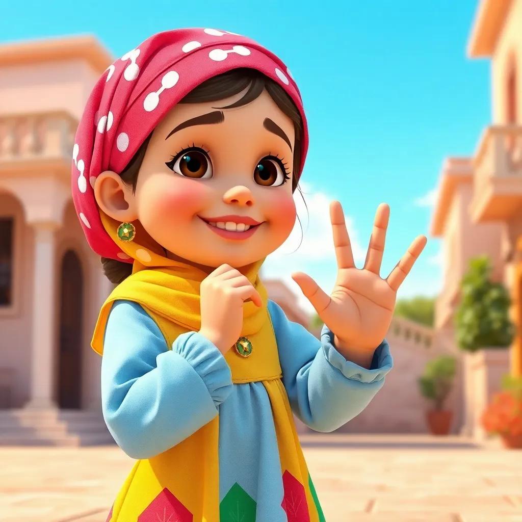 A young Arab girl, Fatima, dressed in a colorful dress, using her fingers to count numbers on a sunny day, joyful and lively, bright light, child-friendly