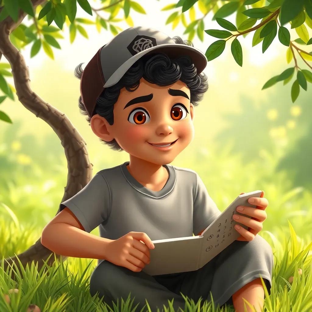 A young Arab boy, Sami, with curly hair, wearing a t-shirt and cap, proudly calculating his numbers sitting under a tree, lush green surroundings, detailed and playful