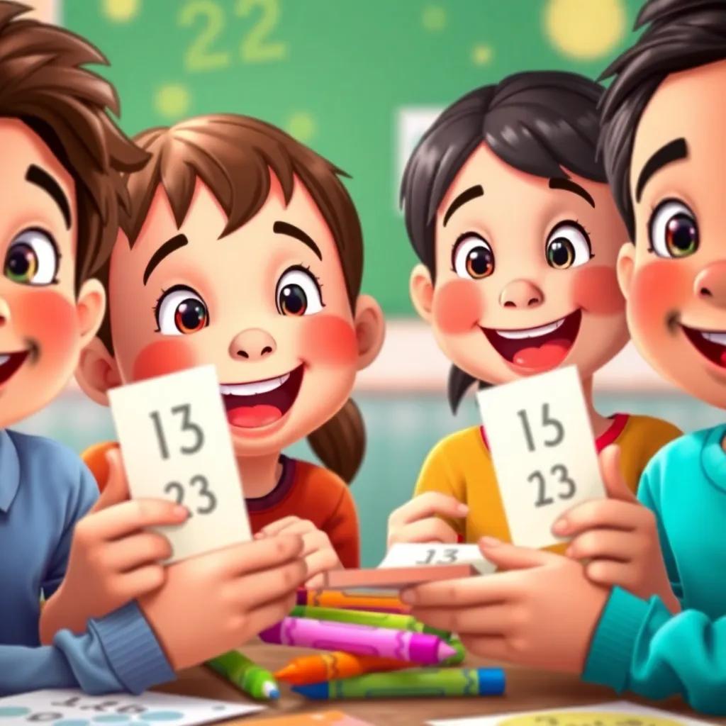 A close-up scene of the children showing their sums, with big smiles on their faces, colorful elements like crayons and papers around, cheerful and encouraging, vibrant style