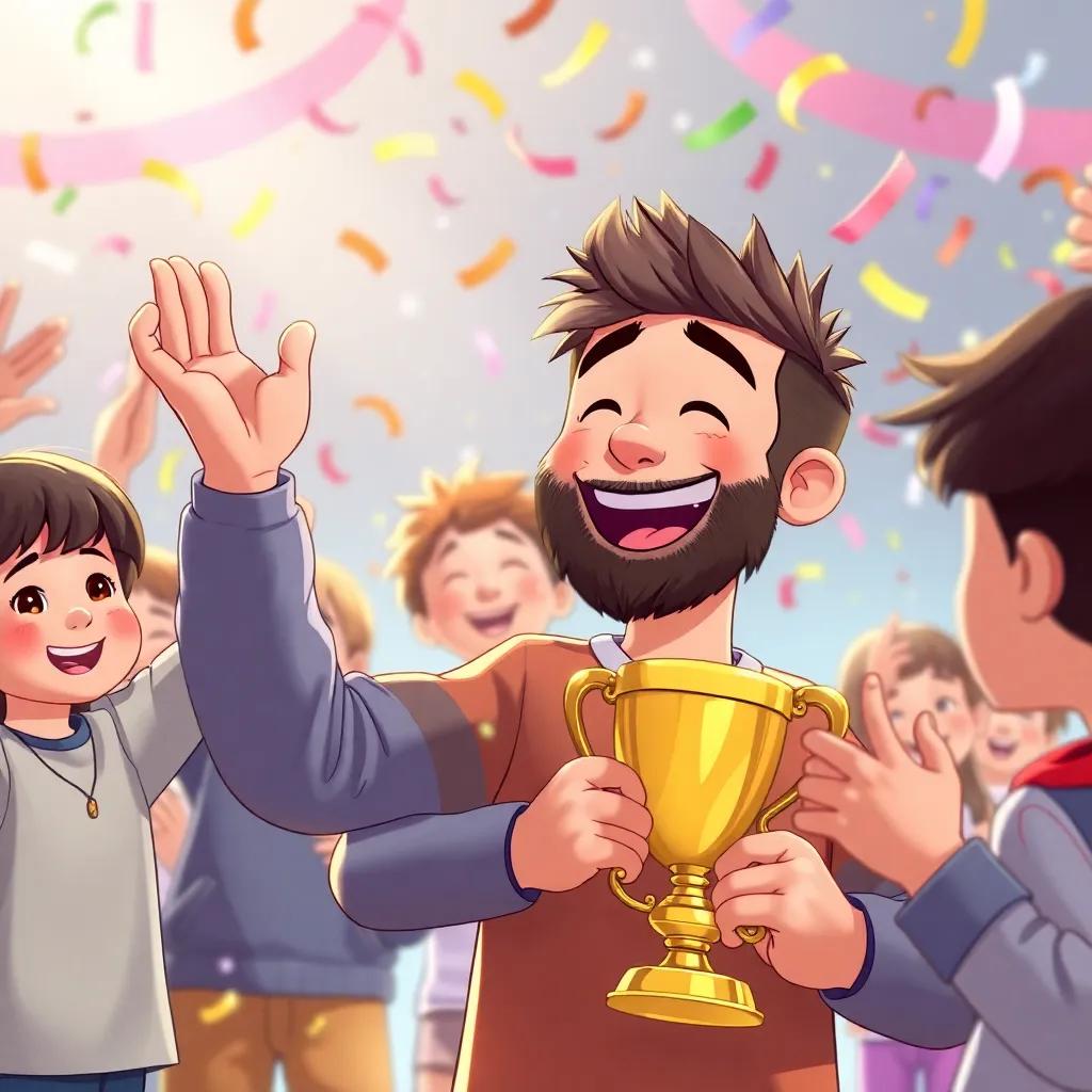 A celebration scene with children clapping and cheering, confetti in the air, and Sami smiling with a trophy, joyful atmosphere, illustration, bright colors and fun