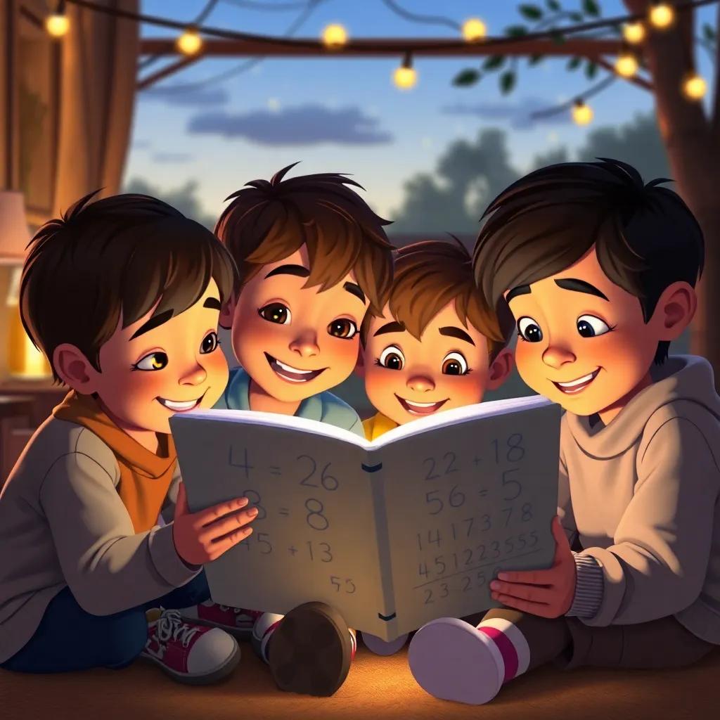 A cozy evening scene with the children huddled together, looking at a math book, warm light and friendly expressions, inviting and educational design