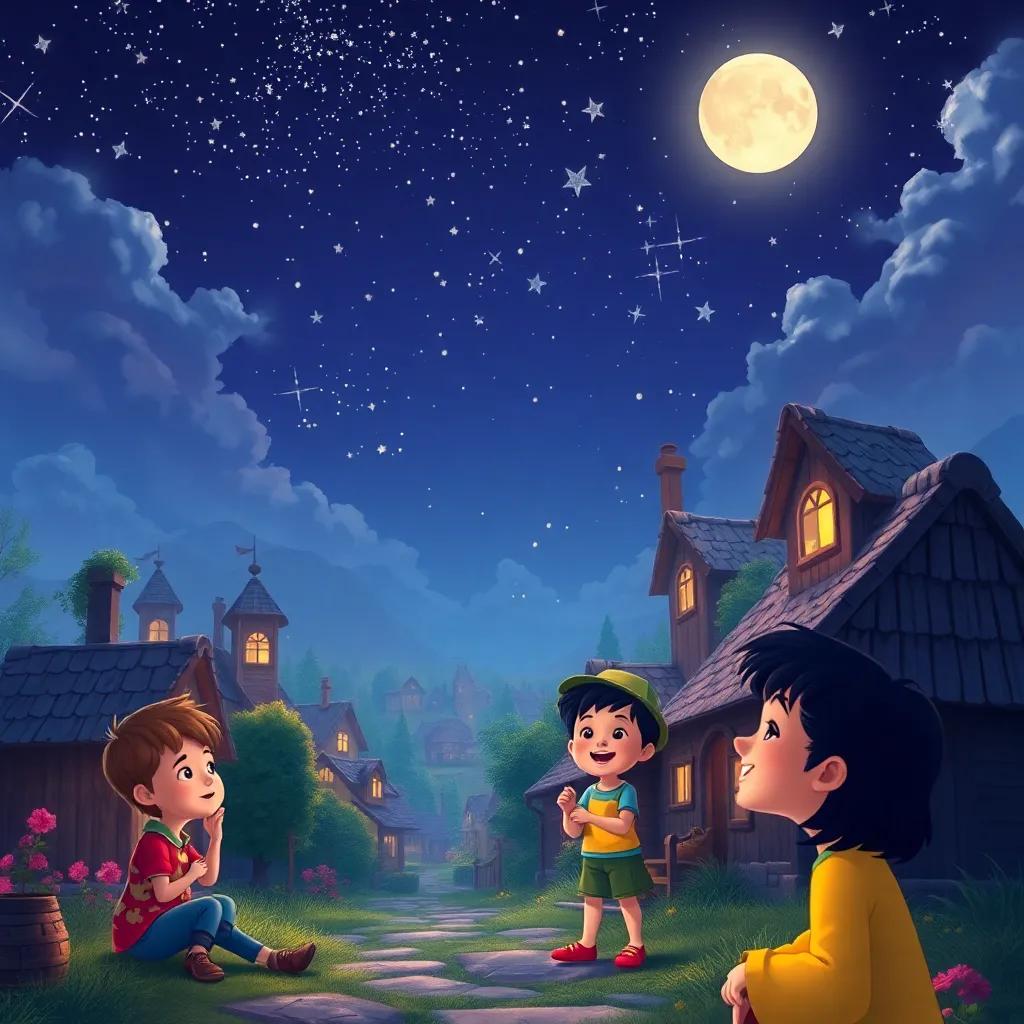 An exciting night view of the village with stars, children sharing their experiences and laughing under the moonlight, magical feel, colorful and imaginative, high quality