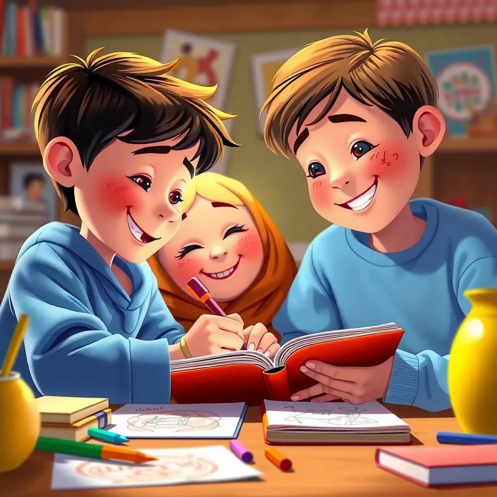 A scene of children writing in a notebook together, with vibrant drawings and expressions of delight, creative and engaging atmosphere