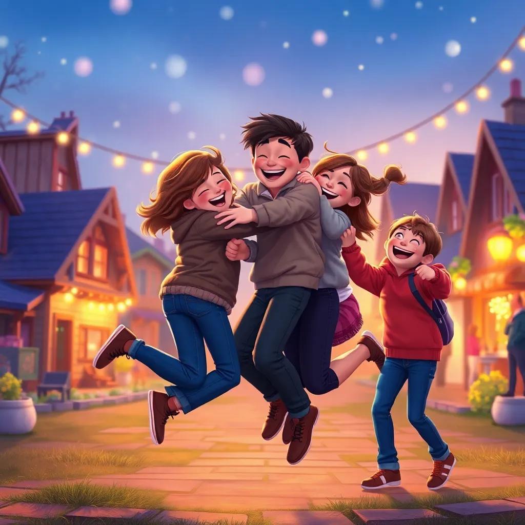 A heartwarming scene where friends are hugging and jumping with joy, the village lights twinkling in the background, vibrant energy and happiness, digital art