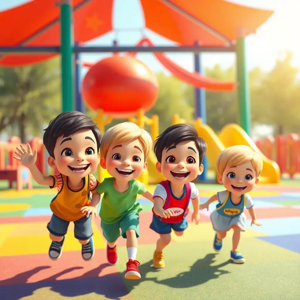 Children playing in a colorful playground, bright sunny day, cheerful atmosphere, smiling kids, vibrant colors around them, digital art, lively and engaging