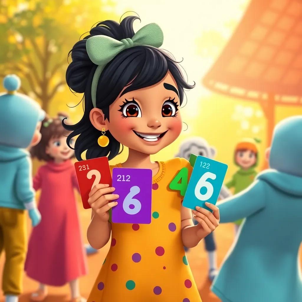 A girl named Fatima, holding colorful numbered cards with excitement, dancing around her friends with joy, bright playground, warm sunlight, cheerful colors, illustration