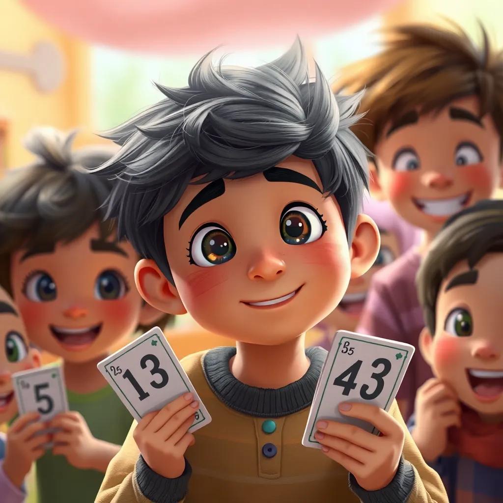 A boy named Ali, thinking hard while holding his number cards, looking determined but happy, surrounded by friends, playful background, child-friendly scene, digital painting
