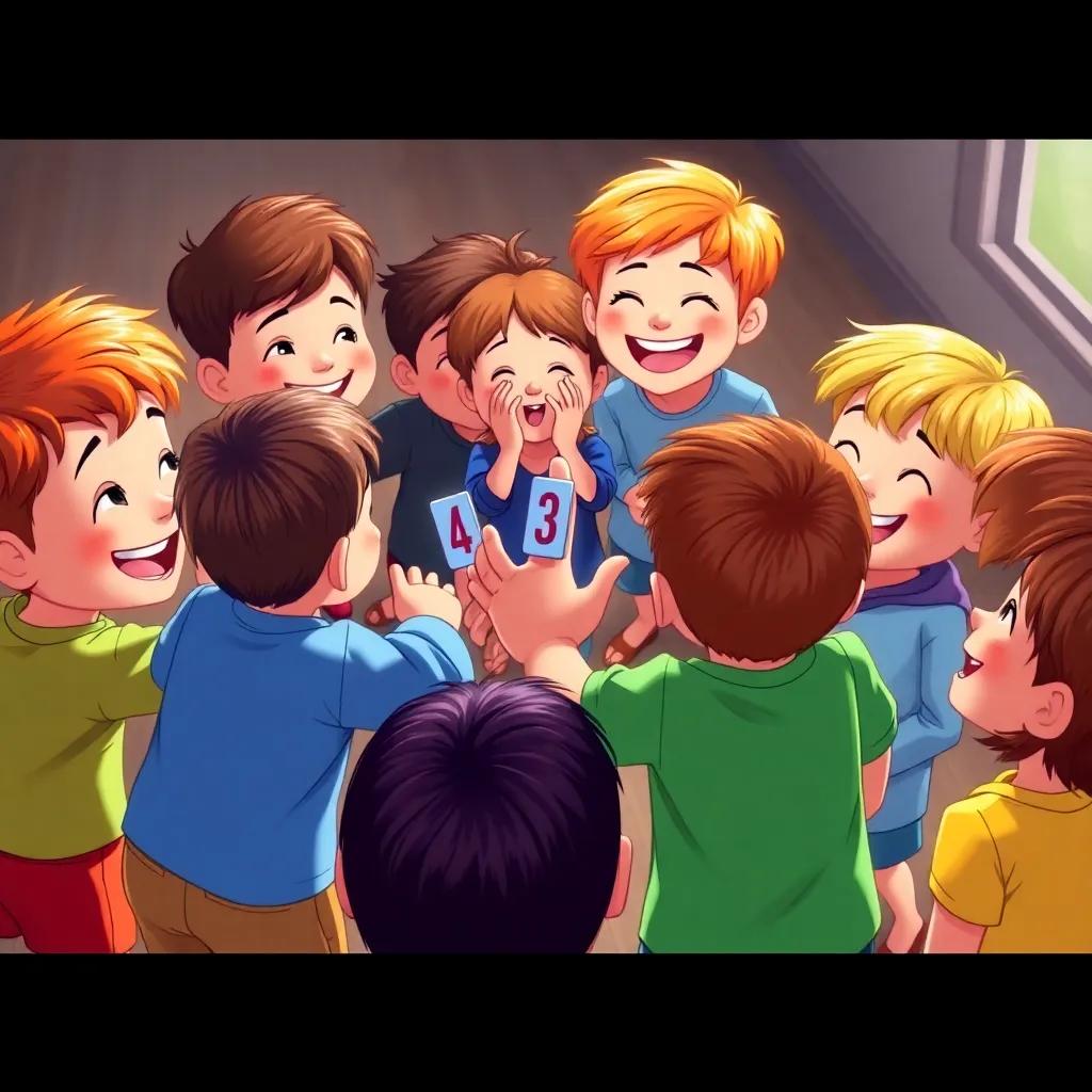 Children gathering around to add numbers, some counting on fingers, friendly competition, laughter in the air, vibrant colors, joyful perspective, high-quality illustration
