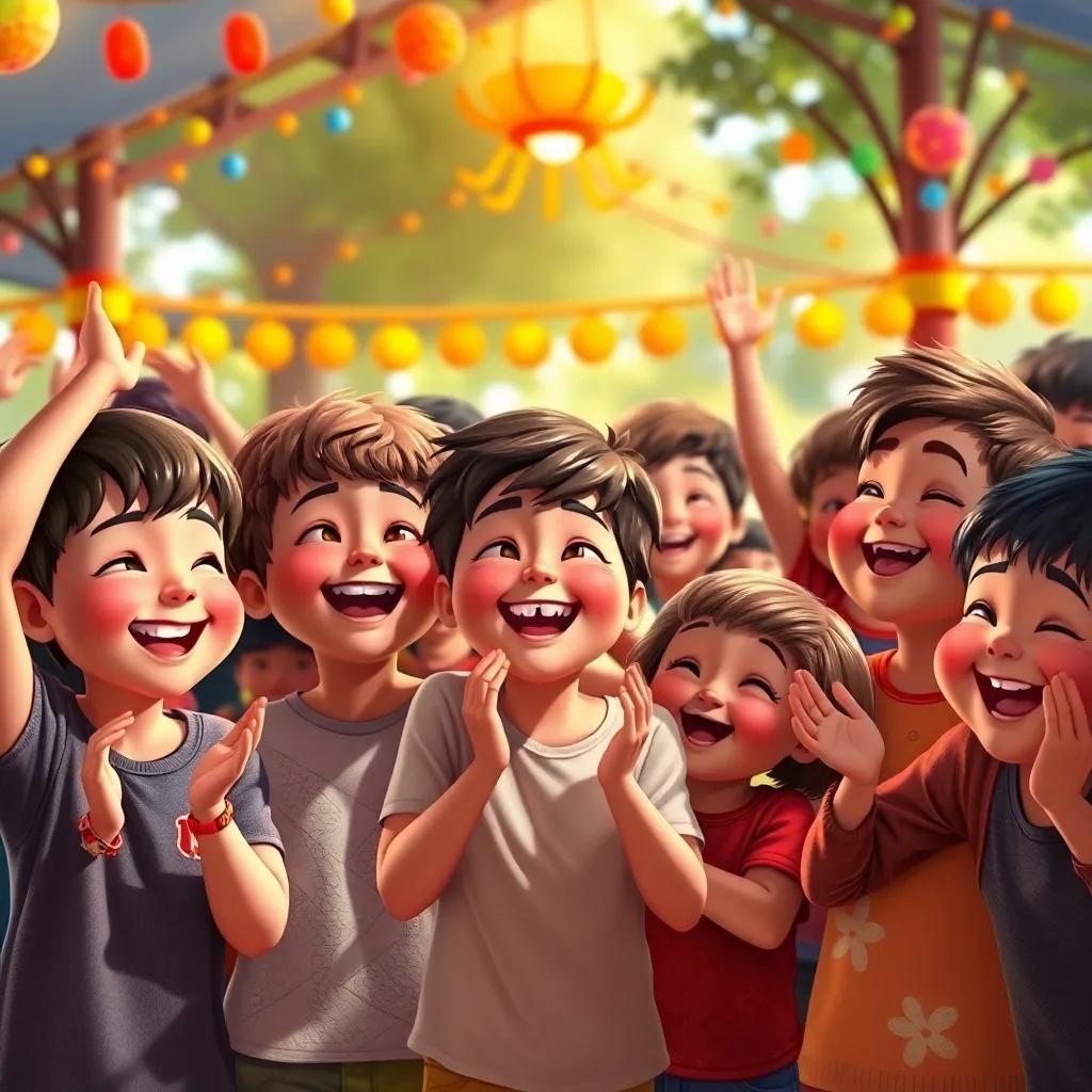 Children cheering and celebrating together after the contest, bright smiles on their faces, colorful decorations in the playground, heartwarming scene, detailed art, uplifting atmosphere