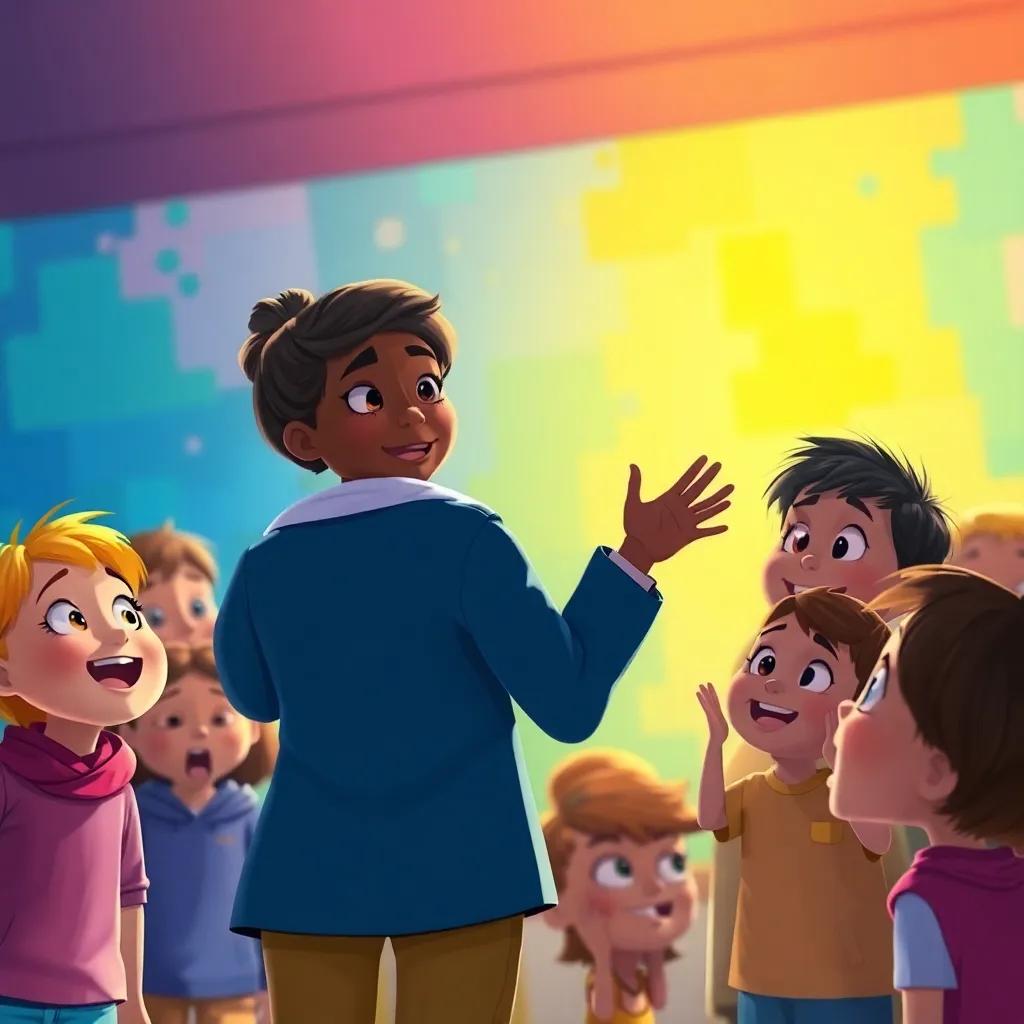A teacher or friend (Sami) announcing the end of the game, kids eagerly listening, excited expressions, colorful background, rich colors, storytelling perspective, digital art