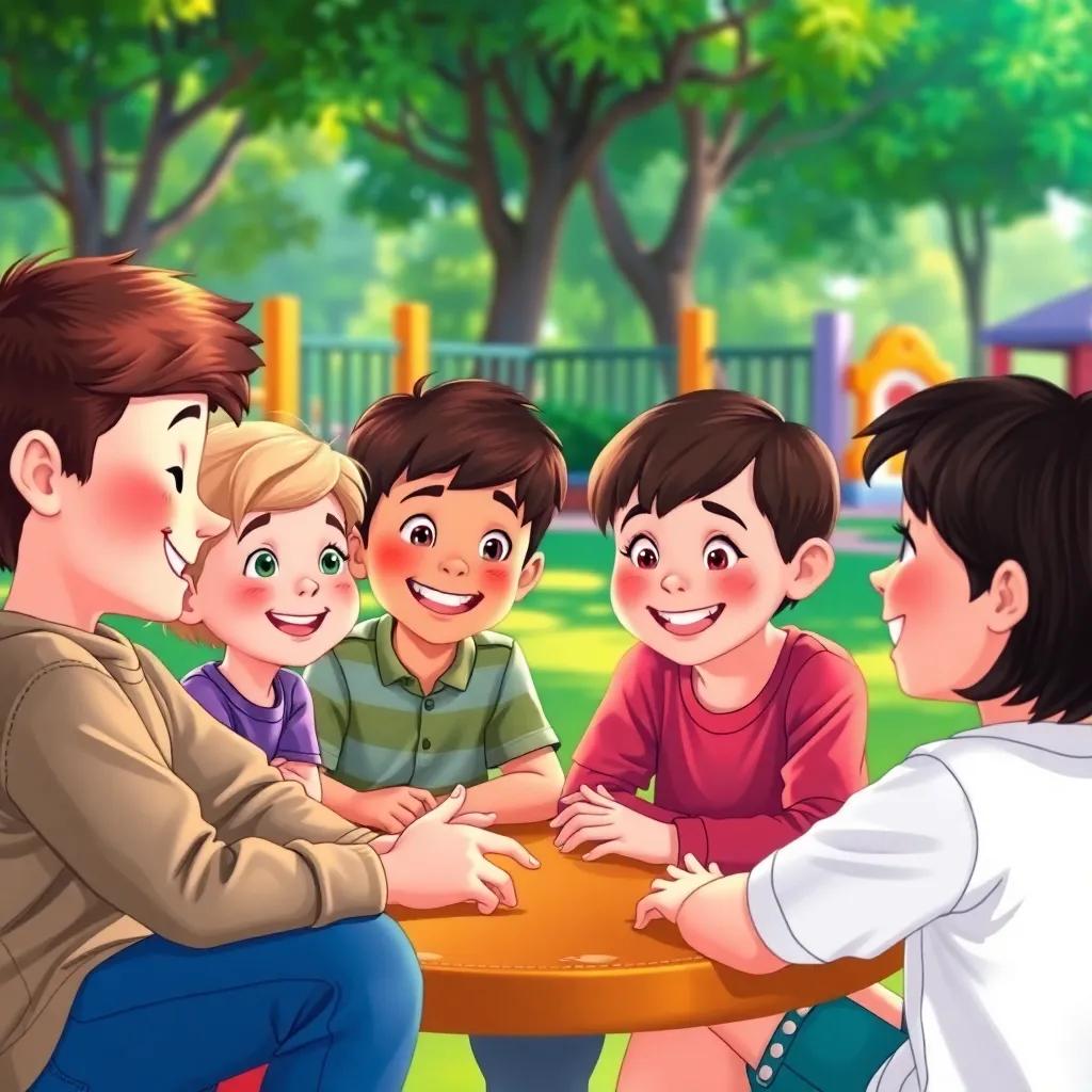 Children discussing their numbers, working together on solutions, smiles and laughter, colorful playground setting, warm light, engaging narrative perspective, bright illustration