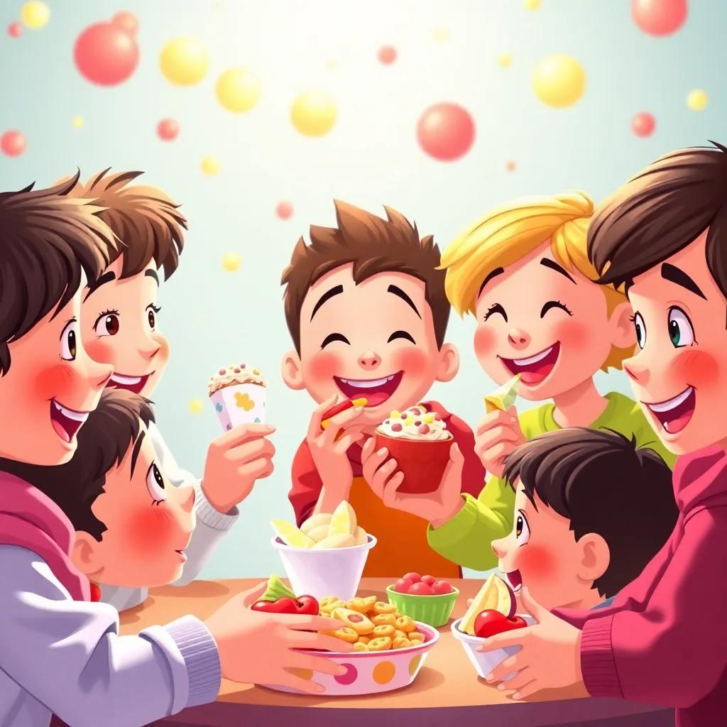 Kids sharing treats with each other, joyful atmosphere all around, animated faces, sharing snacks, vibrant colors, friendly and inviting scene, high-quality art