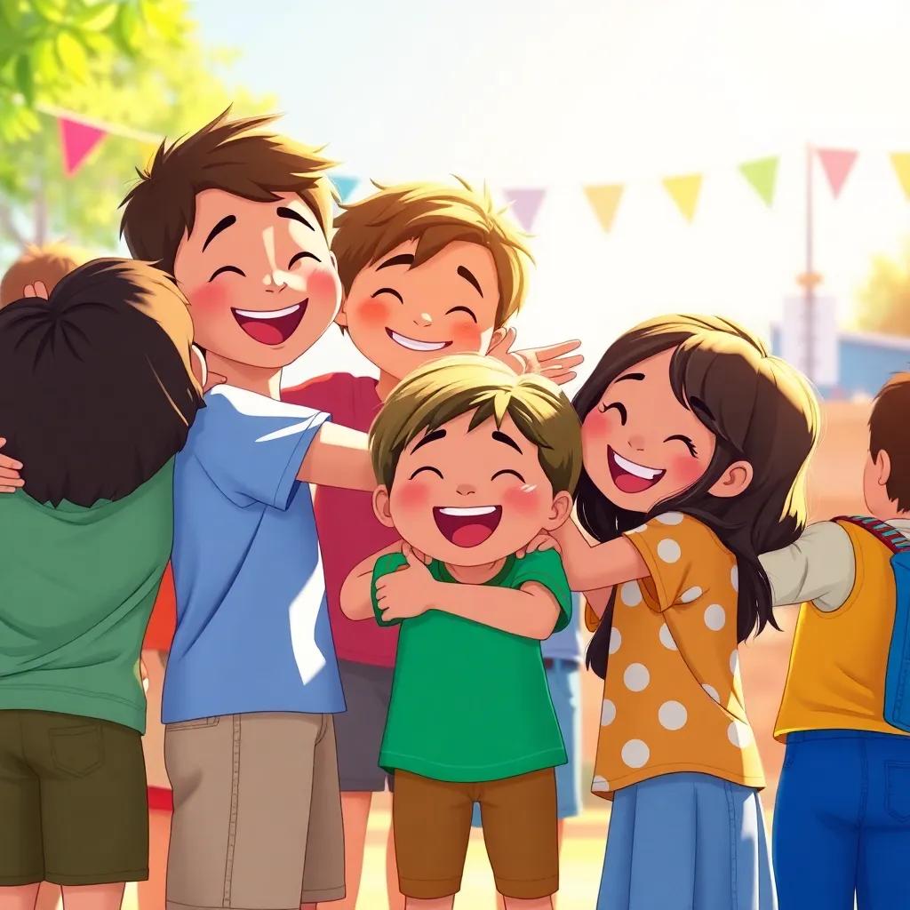 A group picture of children celebrating friendship after the contest, embracing each other, fun and cheerful mood, with bright sunlight, colorful surroundings, heartwarming composition, detailed digital art