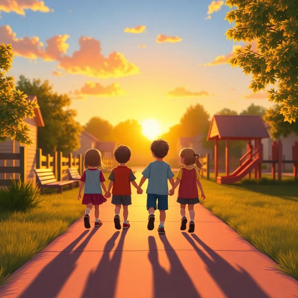 A sunset view of the playground, kids walking home happily together, shadows lengthening, warm light, feeling of joy and success, beautiful and calm ending scene, serene illustration