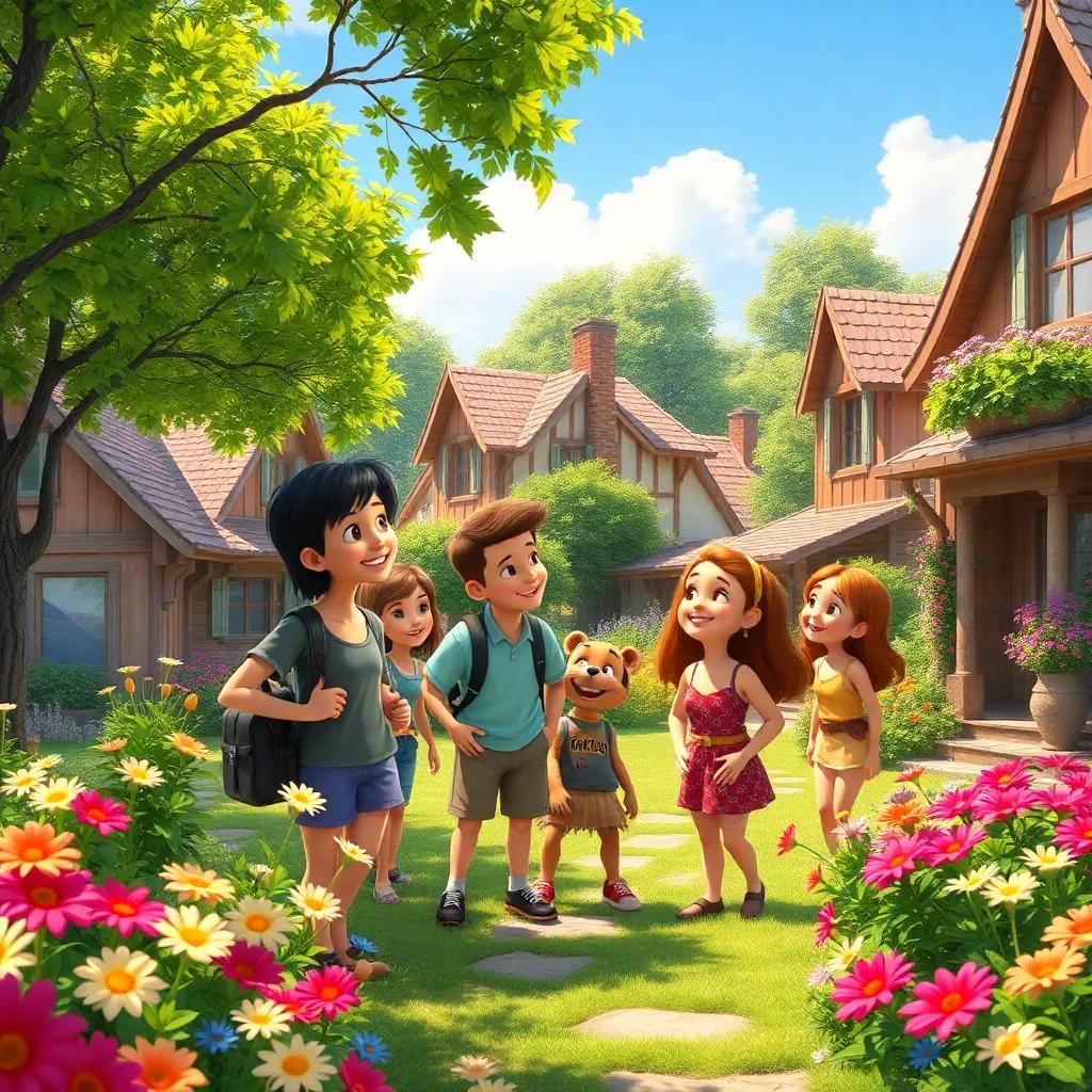 In a beautiful small village, a group of friends is laughing and getting ready for a competition, surrounded by green trees and colorful flowers, bright sunny day, cheerful atmosphere, digital art, vibrant colors