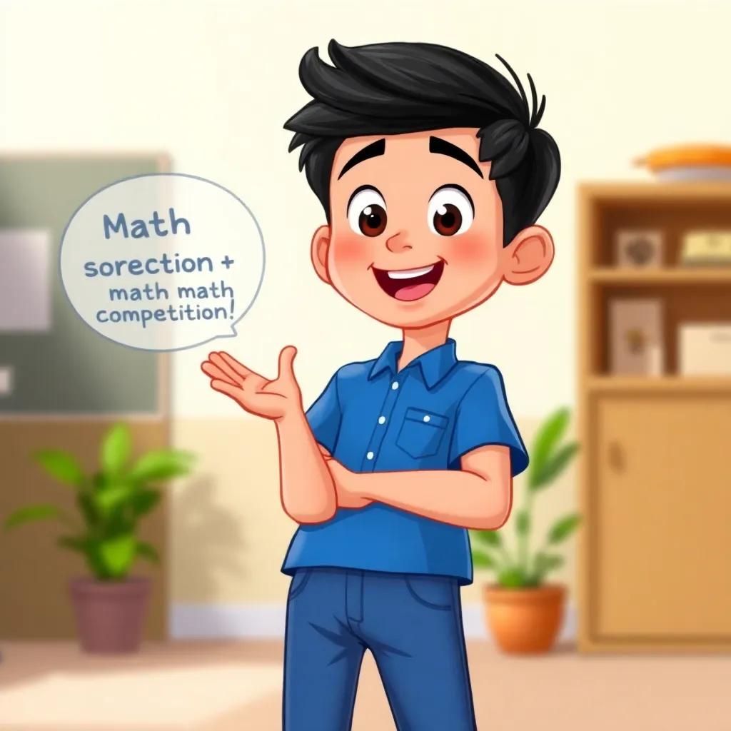 A young boy named Mahmoud, with short black hair, wearing a blue shirt and jeans, excitement on his face as he suggests a math competition, illustration, friendly and inviting, child-friendly