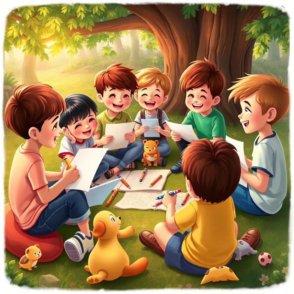 Children sitting in a circle with papers and pencils, sharing ideas and laughing, surrounded by nature and playful animals, detailed, warm colors, joyful scene