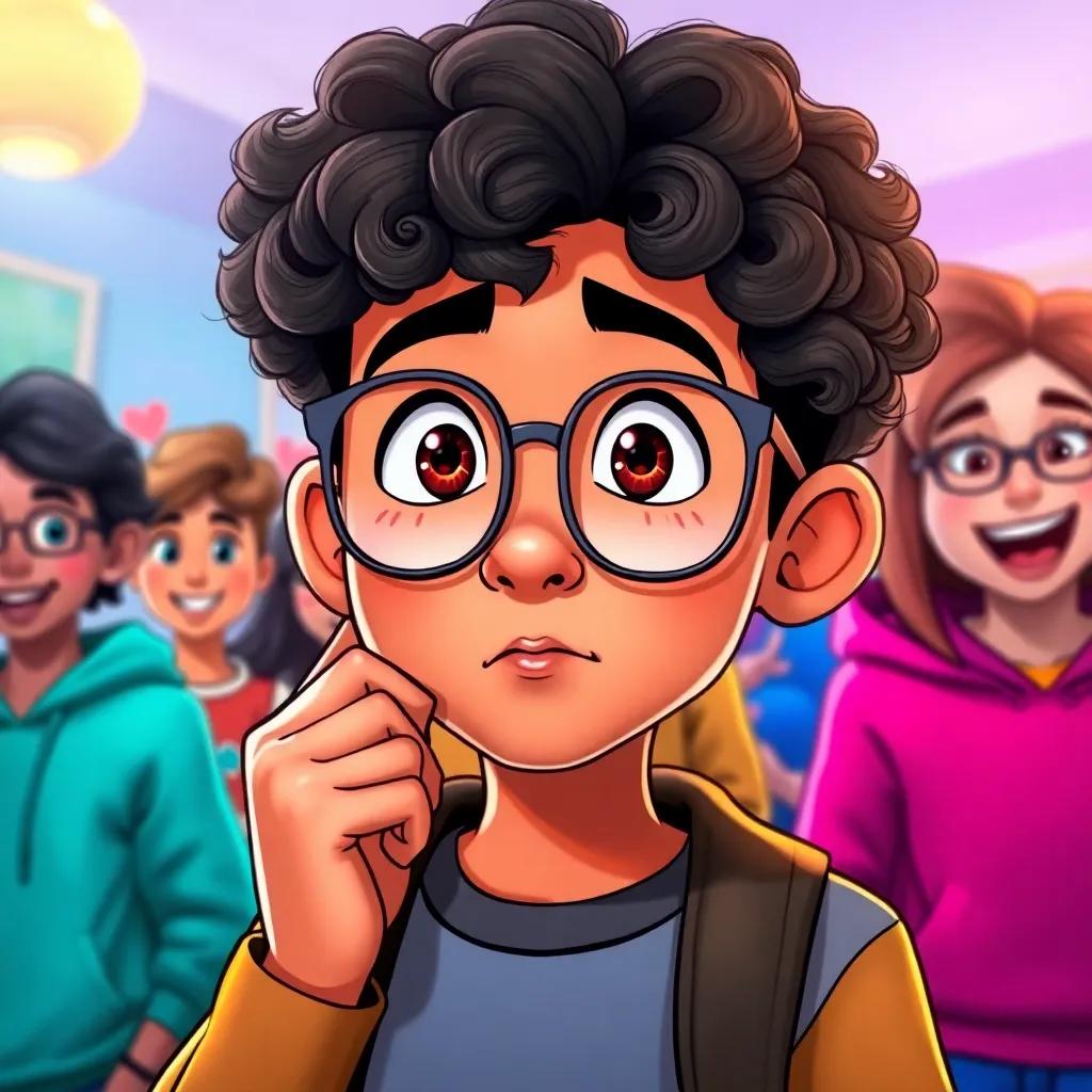 A focused boy named Ali, with curly hair and glasses, thinking hard about a math problem, surrounded by friends cheering him on, vibrant colors, lively atmosphere, fun