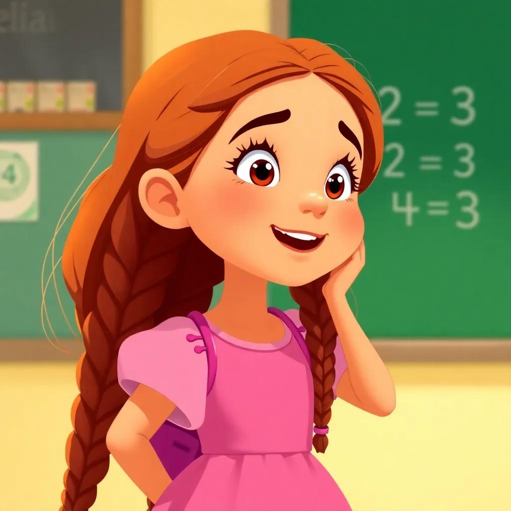 A young girl named Leila, with long braided hair wearing a pink dress, confidently answering a math question, bright colors, uplifting moment, illustration